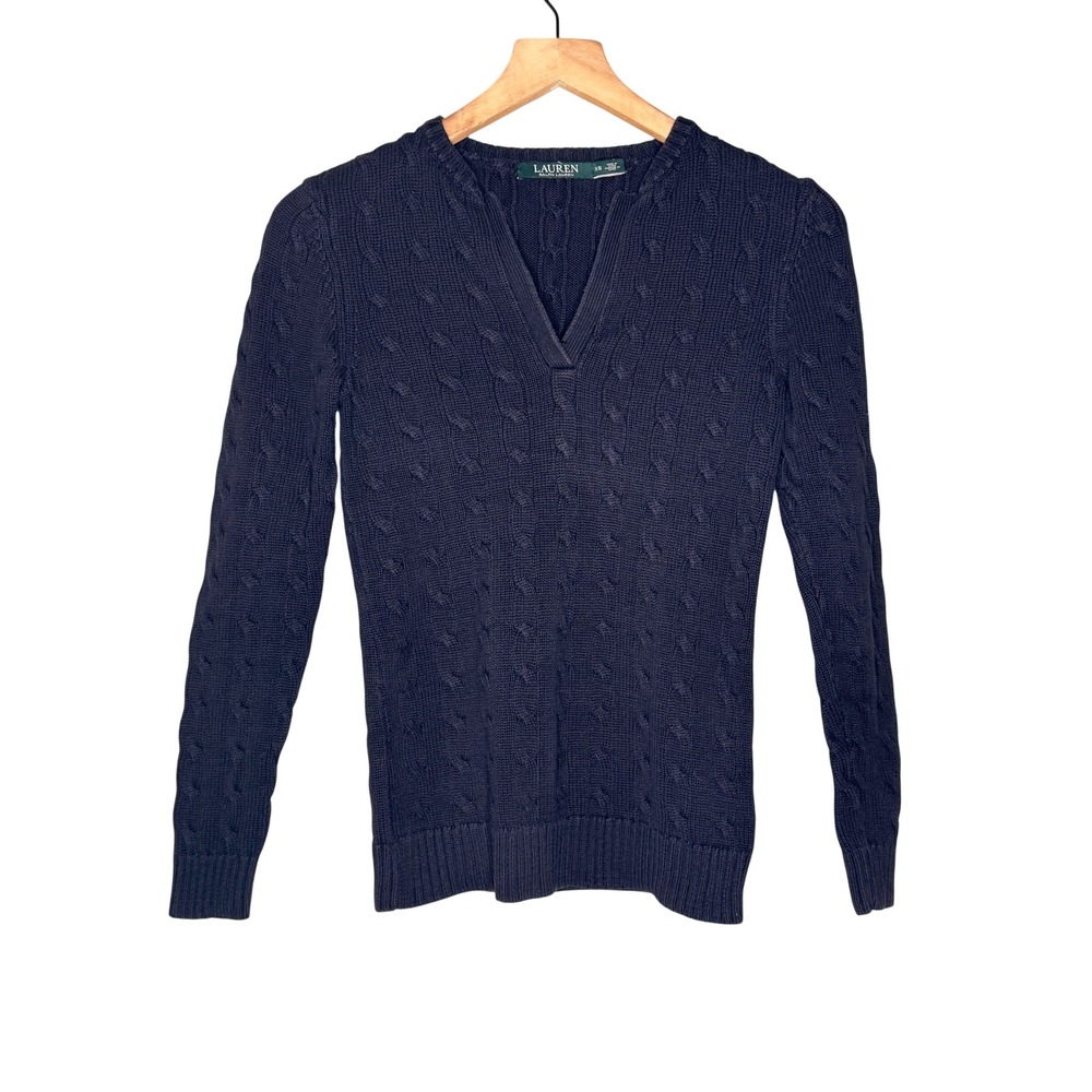Lauren Ralph Lauren Womens Navy Blue Cable Knit Cotton V-Neck Sweater XS